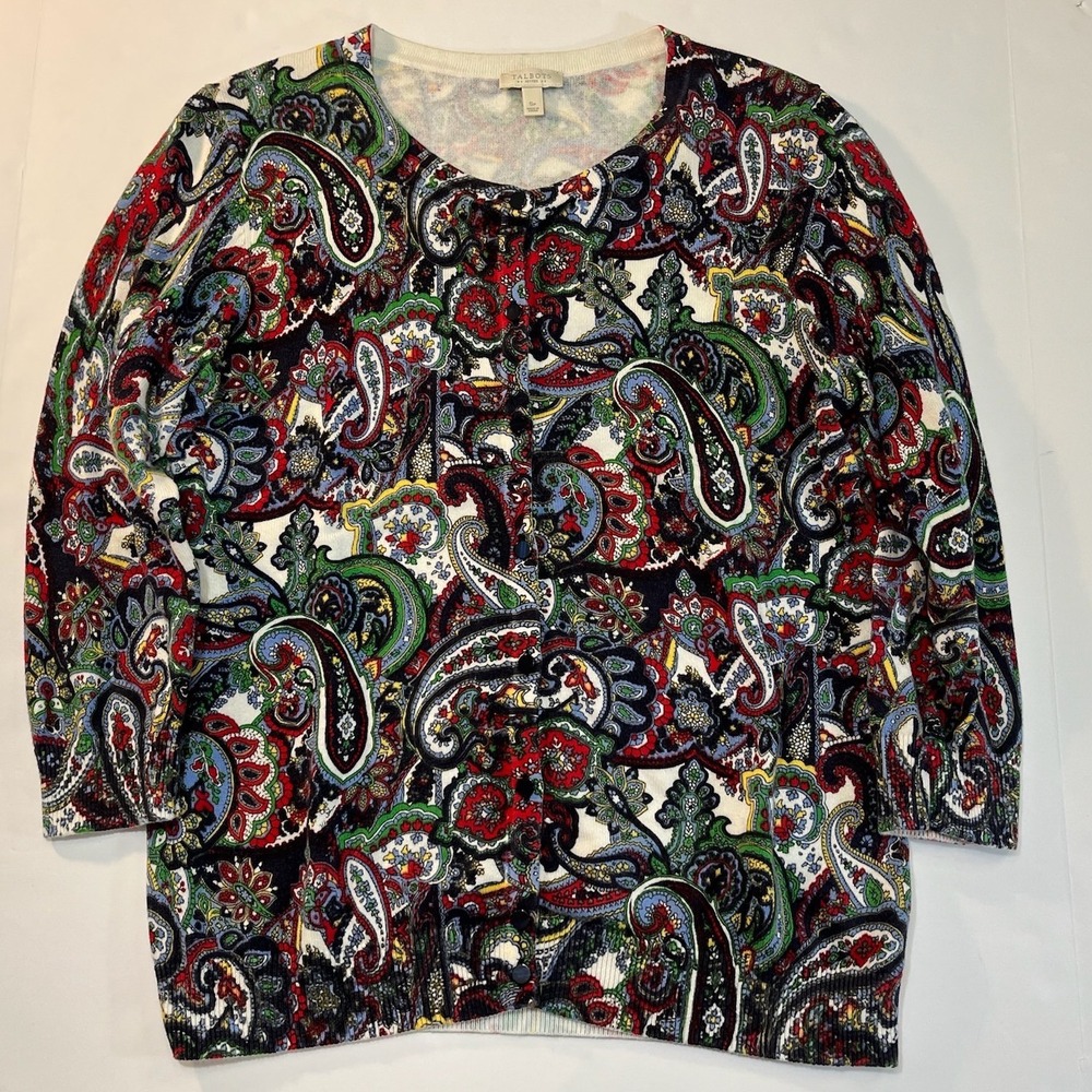 Talbots Paisley Cardigan Womens SP Petite Multicolor 3/4 Sleeve Cotton Boho Prep